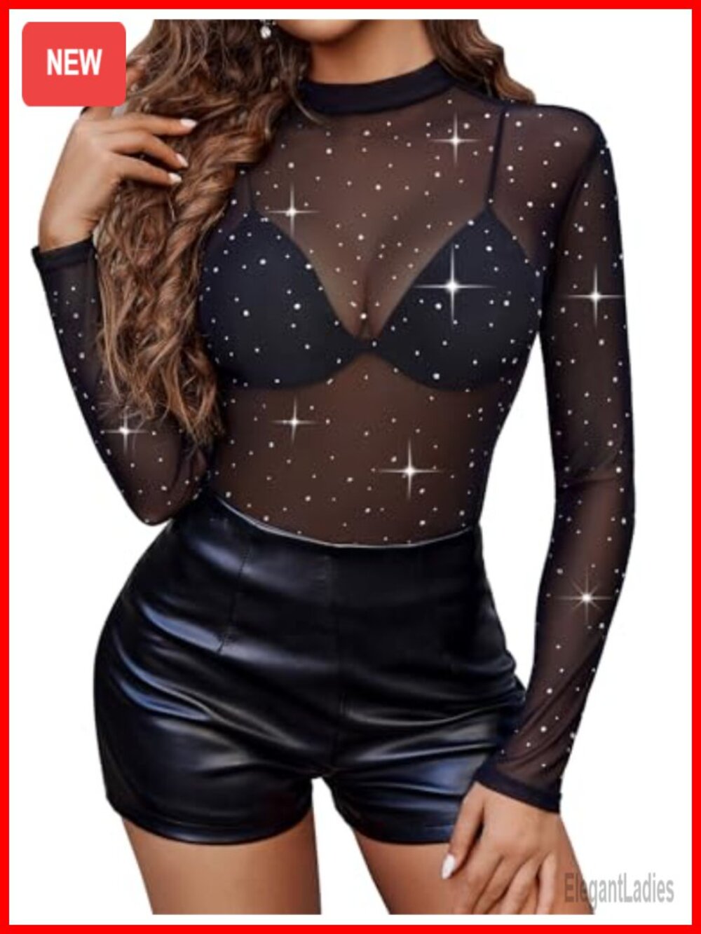 Rhinestone Sheer Mesh Top Long Sleeve Mock Neck Blouse Clubwear